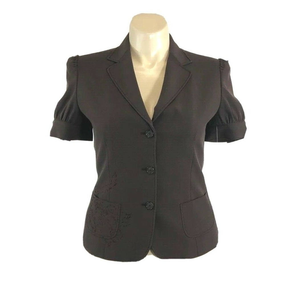 Gianni Bini Blazer LARGE Brown Claudia Jacket Short Sl Embroider Pocket $168
